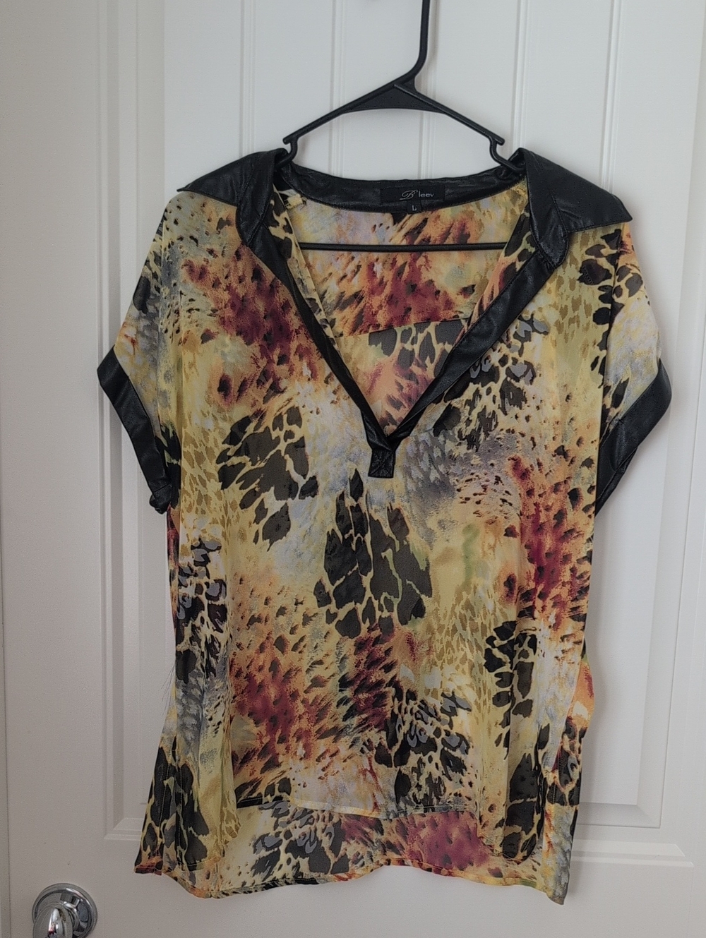 B'Leev - Mixed-Print V-Neck Blouse with Faux Leather Trim - Yellow Multi